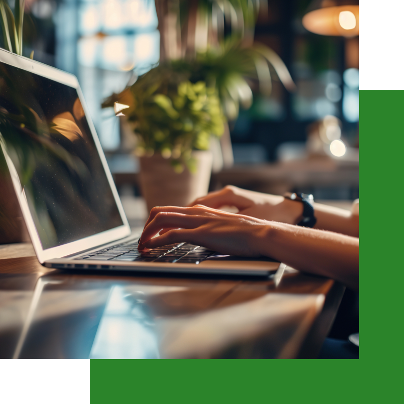 Eine Person tippt auf einem Laptop in einer gemütlichen, modern eingerichteten Umgebung mit warmem Licht. Im Hintergrund stehen grüne Pflanzen und eine sanfte Beleuchtung sorgt für eine angenehme Atmosphäre. Der Fokus liegt auf den Händen, die über die Tastatur gleiten.