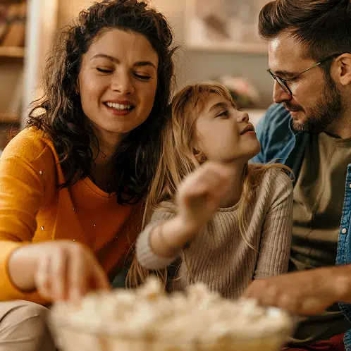 Stromvergleich-lohnt-sich Eine glückliche Familie isst Popcorn.