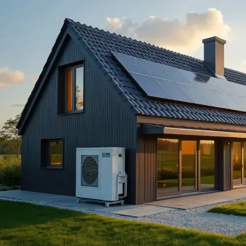 Wärmepumpe mit Photovoltaik: zukunftssicher und nachhaltig Modernes Einfamilienhaus mit PV-Anlage und Wärmepumpe