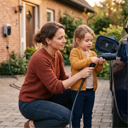 Lohnt sich ein spezieller Auto-Stromtarif für private Wallboxen? Lohnt sich ein spMutter und Kind laden Elektroauto an privater Wallbox vor dem Haus.ezieller Auto-Stromtarif für private Wallboxen?
